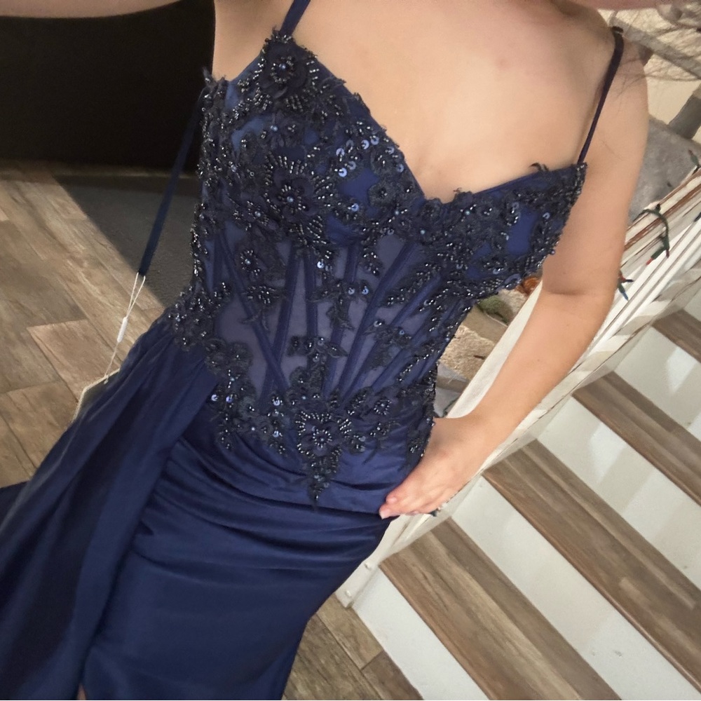 Navy Beaded Spaghetti-Strap Prom Dress